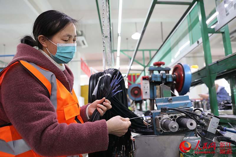 2月28日，在慈溪市萬能電子有限公司，來自貴州黔西南布依族苗族自治州的張琦翠在車間裡工作。章勇濤 攝