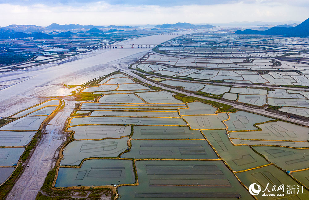 空中俯瞰台州市三门县万亩养殖塘，美景如画。人民网 章勇涛摄