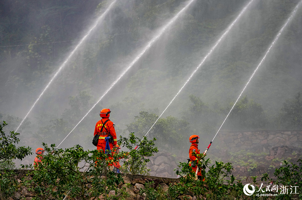 11月18日，在台州市黄岩区北洋镇镇南新村，森林消防队员们采用“引水上山、以水灭火”的策略，形成水枪阵地压制火头。人民网 章勇涛摄
