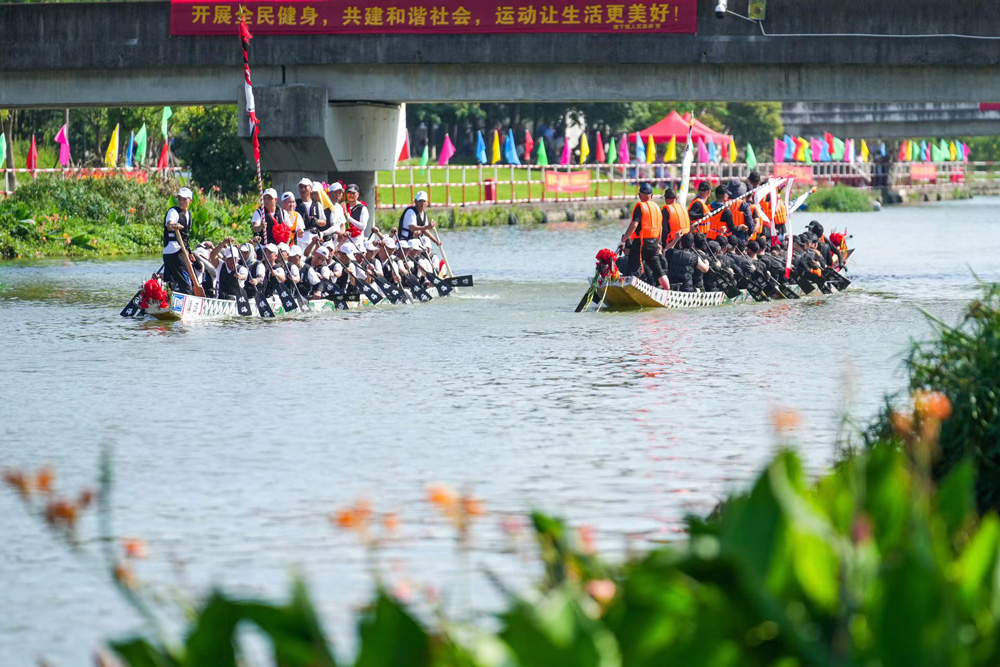 6月19日，在瑞安市中塘河，龍舟愛好者正在劃龍舟、賽龍舟。孫凜攝