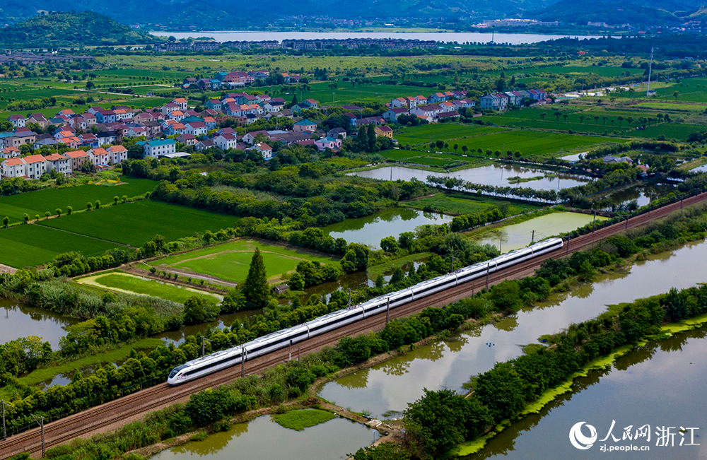 8月8日，一輛城際列車行駛在杭紹甬城際鐵路余姚段境內。人民網 章勇濤攝