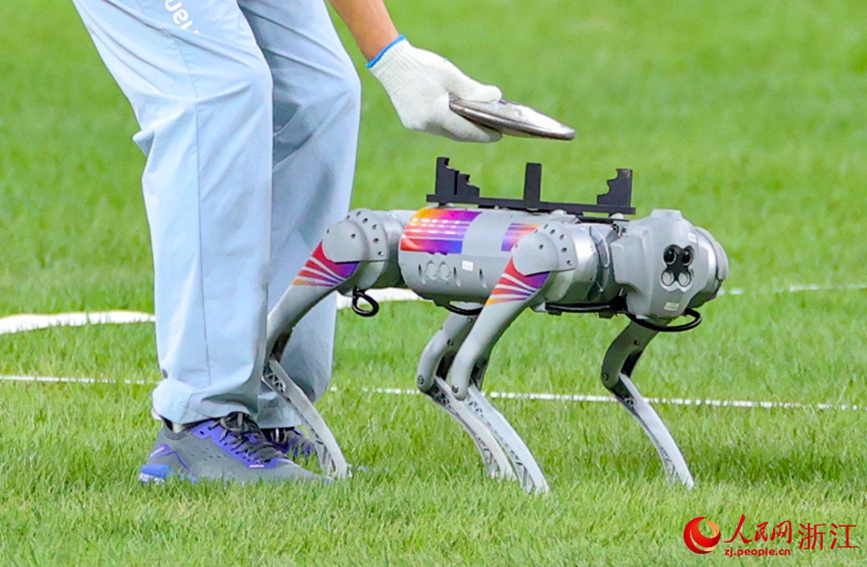 四足机器狗在赛场上运送铁饼。人民网 章勇涛摄