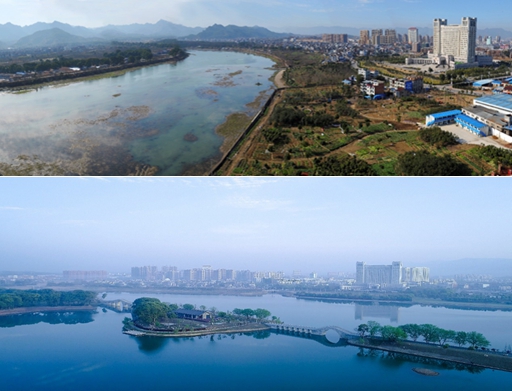 始丰溪国家湿地公园治理改造前后对比。台州市生态环境局天台分局供图
