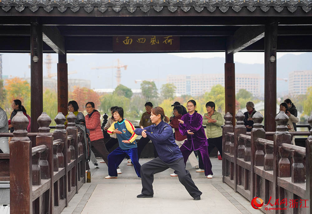 在杭州市上城区丁兰街道的桃花湖公园，老年大学的学员们在练习太极拳。人民网 章勇涛摄