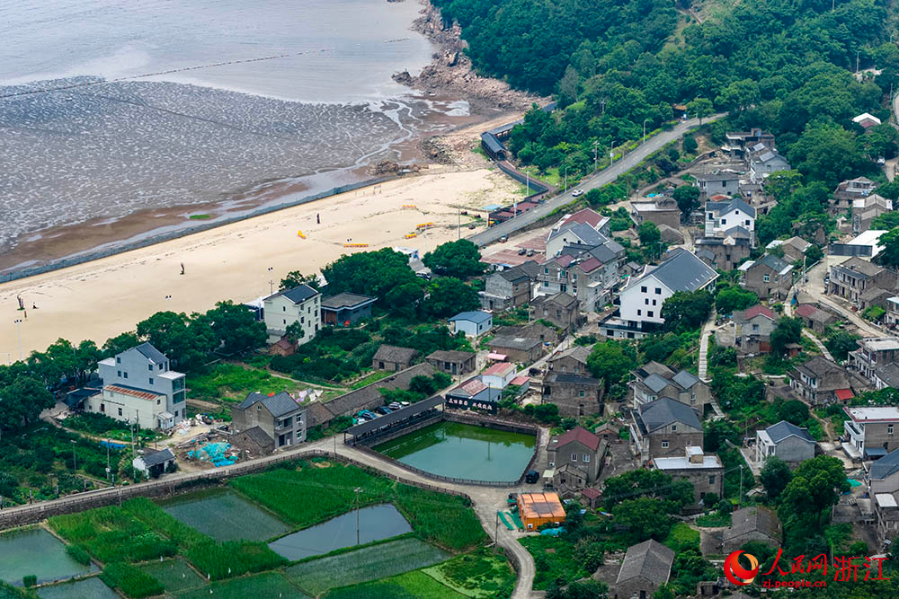 近日，空中俯瞰寧波市象山縣花岙島，屋舍、農田、水塘錯落，蔥郁林木環繞，勾勒出一幅靜謐又充滿生機的海島田園圖。人民網 章勇濤攝