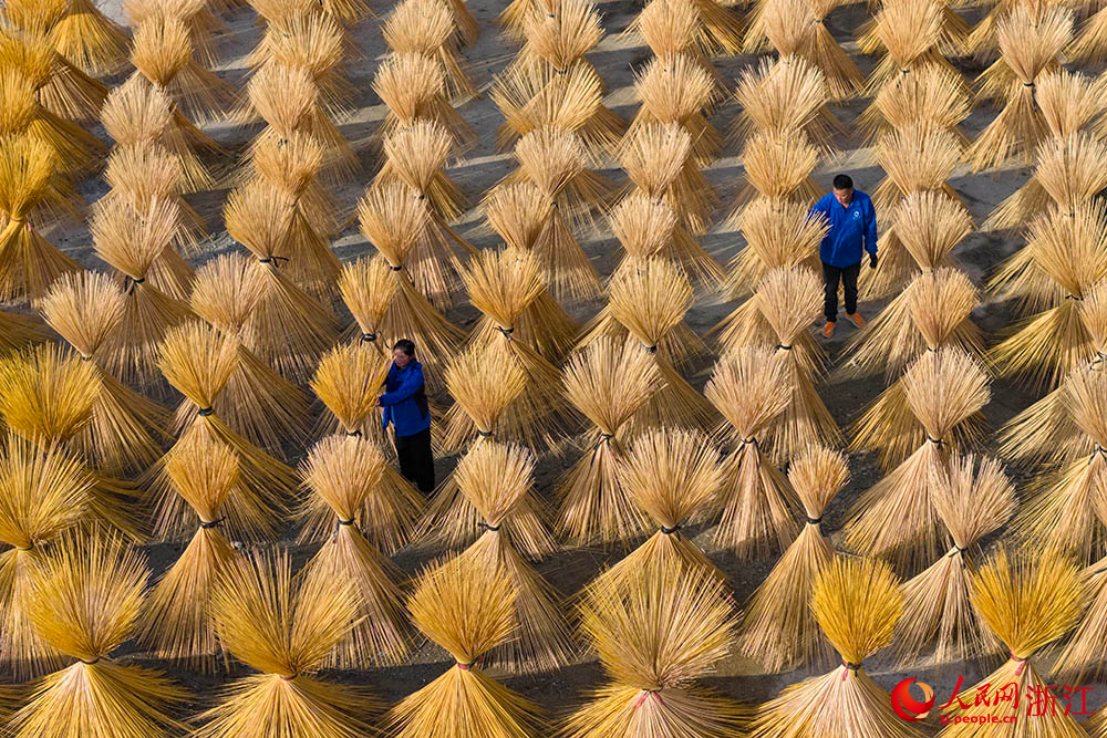 近日，在浙江省龙泉市八都镇，趁着天气晴好，工人正在翻晒加工好的竹丝。人民网 章勇涛摄