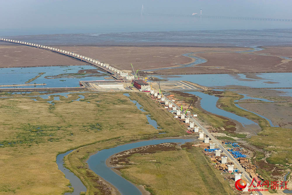位于浙江省宁波前湾新区的跨海铁路大桥建设现场，中交二航局的建设者们正在抓紧施工作业。人民网 章勇涛摄