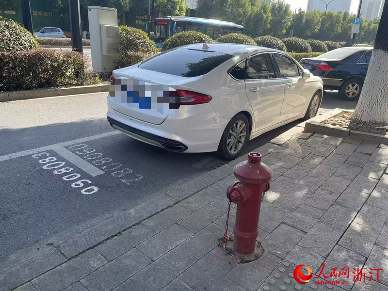 11月29日12时记者目击，余杭区闲富北路上，一收费停车位紧邻消防栓。人民网记者 王丽玮摄