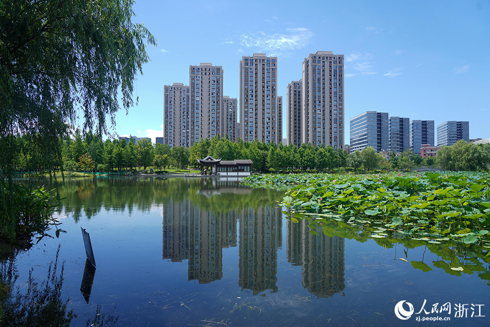 浙江省杭州市拱墅区石桥街道北景园生态公园内，公园绿地与周边民房社区相融共生。人民网 章勇涛摄