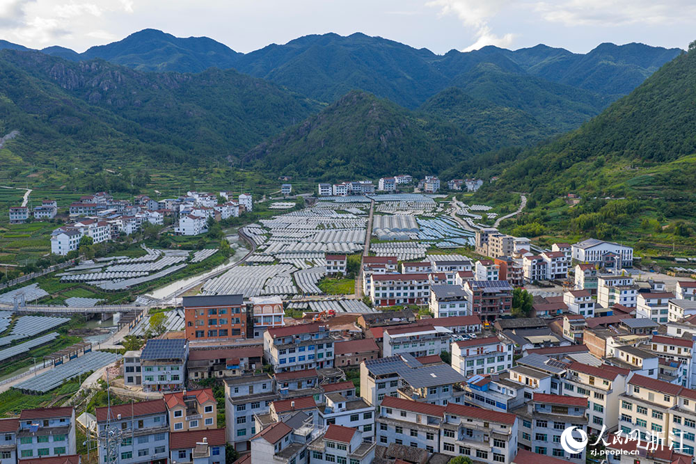 在浙江省丽水市缙云县双溪口乡葡萄基地，成片的大棚，与青山民居、道路河流交相辉映，绘就一幅美丽乡村画卷。人民网 章勇涛摄