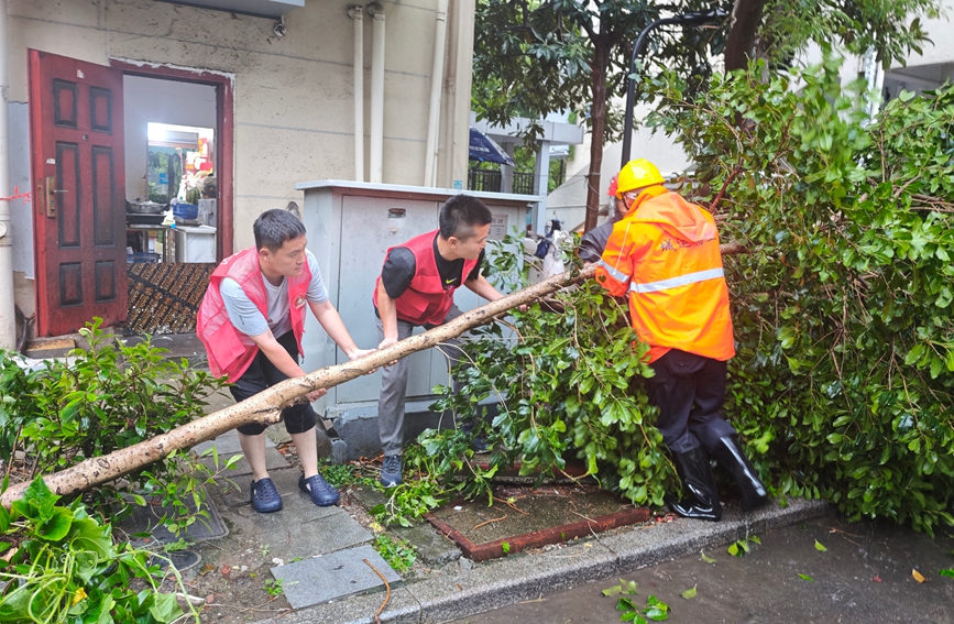 張琪在抗台搶險現場清理倒伏樹木，保障居民群眾通行安全。受訪者供圖